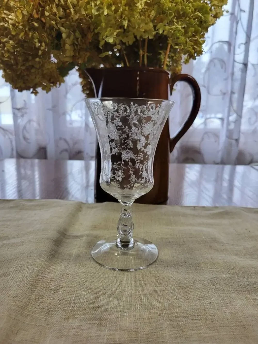 Vintage Cambridge Chantilly Low Water Goblet, Crystal Etched, Clear 6-1/2